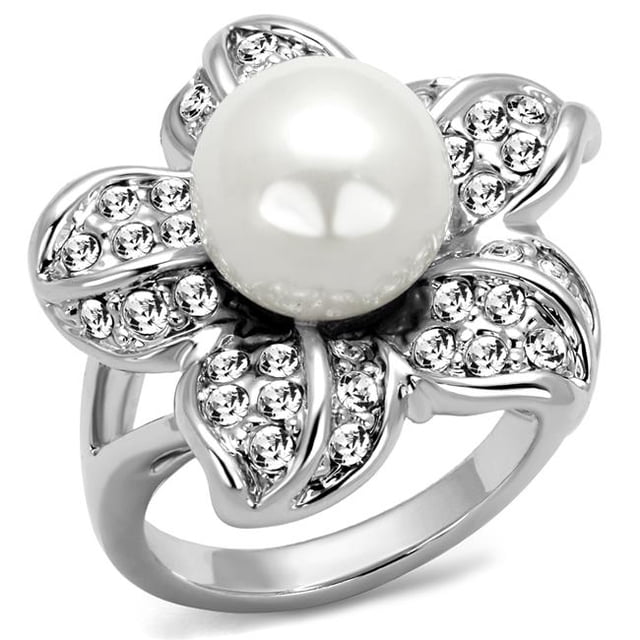 Alamode LO4088-7 Women Rhodium Brass Ring with Synthetic in White - Size 7