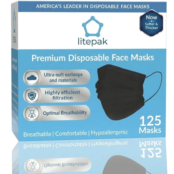 Mascarillas desechables Litepak de 125 unidades, negras, de 3 capas