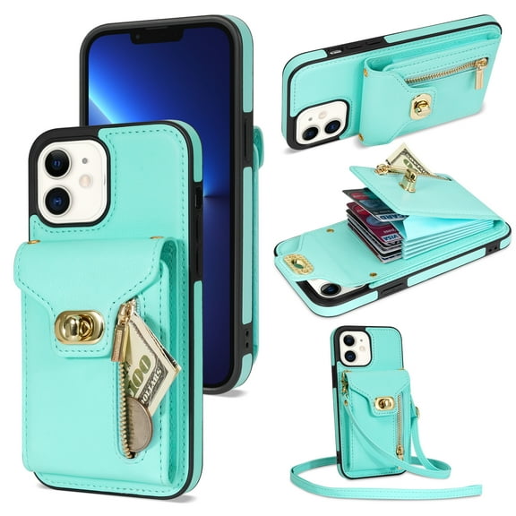 Dteck for Apple iPhone 11 Zipper Pocket Case, Flip PU Leather Wallet Crossbody Shoulder Strap Lanyard Case with Credit Card Holder Women RFID Blocking Protective Purse Cover, mint
