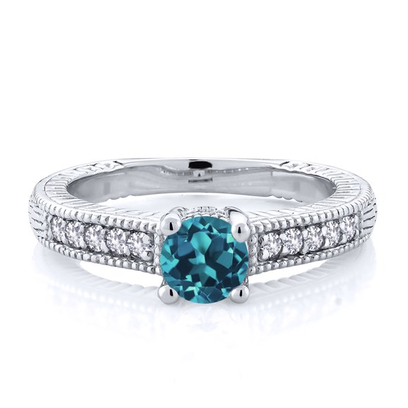 Gem Stone King 925 Sterling Silver London Blue Topaz and White Created Sapphire Women's Solitaire Ring with Accent Stones (0.85 Cttw, Round Shape 5MM, Size 7)