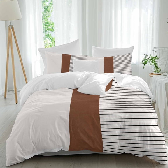 3 Piece Black Striped Geometric Duvet Cover Set California King,Microfiber Comforter/Quilt Cover with Corner Ties and 2 Pillowcases,Modern Boho Brown Rustic All Season Bedding with Zipper Closure