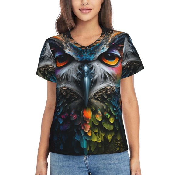 Women T Shirts Short Sleeve Summer V Neck Tops, Rainbow Owl Face Cool