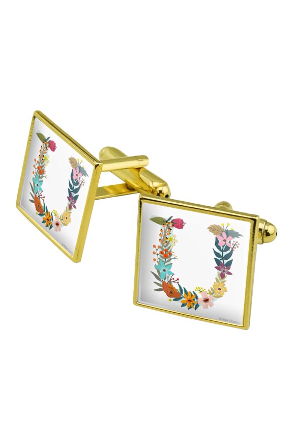 Letter U Floral Monogram Initial Square Cufflink Set - Silver or Gold