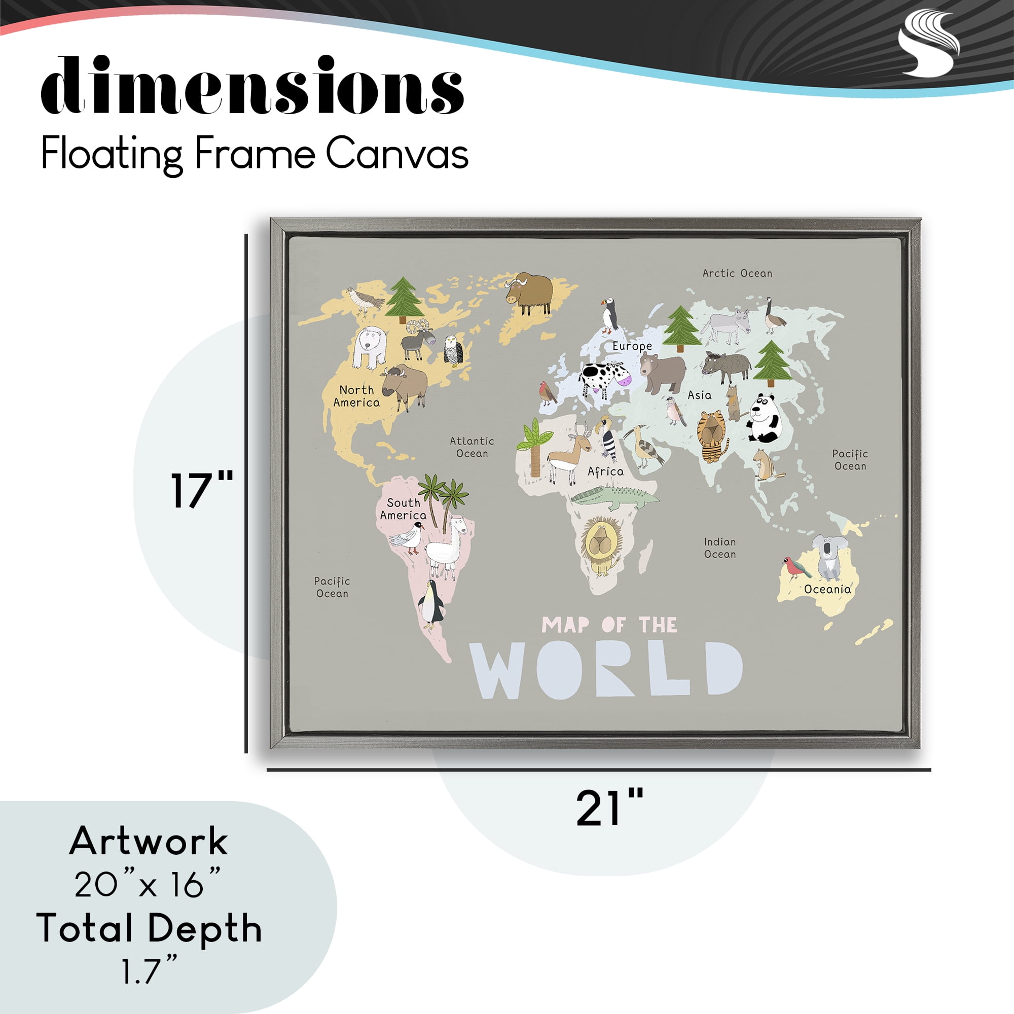 Kid's Map Of World Grey Gray Framed Floater Canvas Wall Art, design by Carla Daly