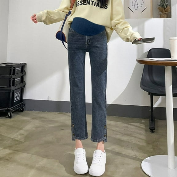 HWRETIE Maternity SweatpantsWomen's Maternity Cropped Jeans with Elastic Drawstring Cigarette Pants Casual Slim Fit Belly Support Denim Narrow Leg Pregnancy Pants Gray