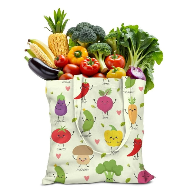Sac Fourre-Tout en Toile Piments Mignon Motif Légumes Rouges Épicés Illustration Peinture Esthétique Kawaii Dessin Animé Réutilisable Écologique Léger Pliable