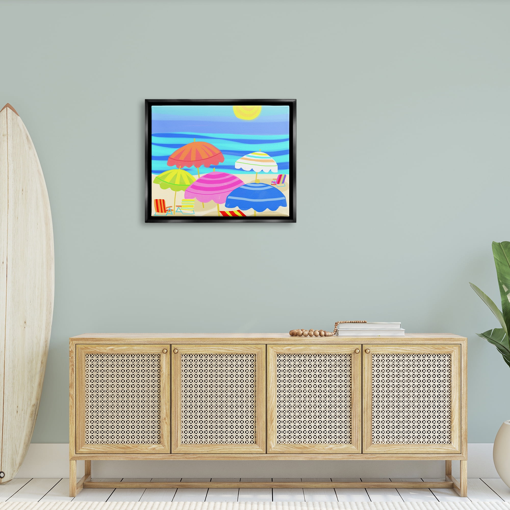 Stupell Industries Vibrant Sun Umbrellas Summer Beach Shore Scene Graphic Art Jet Black Floating Framed Canvas Print Wall Art, Design by Maret Hensick