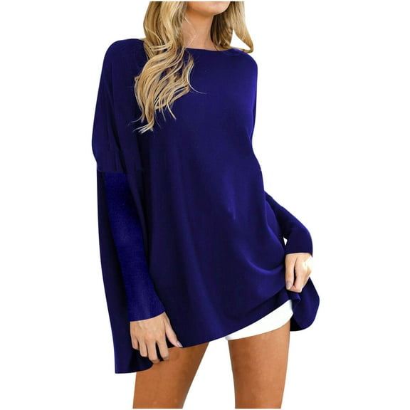 Htigea Fall Sweaters for Women Oversized Crew Neck Long Sleeve Tunic Tops Casual Loose Fit Pullover Tops to Wear with Leggings Blue S
