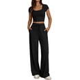 thumbnail image 2 of Mifsaly 2 Piece Vacation Sets for Women Ribbed Square Neck Crop Top and Drawstring Wide Leg Pants Summer Casual Cozy Daily Wear Travel Matching Lounge Outfits with Pockets Black,L, 2 of 7