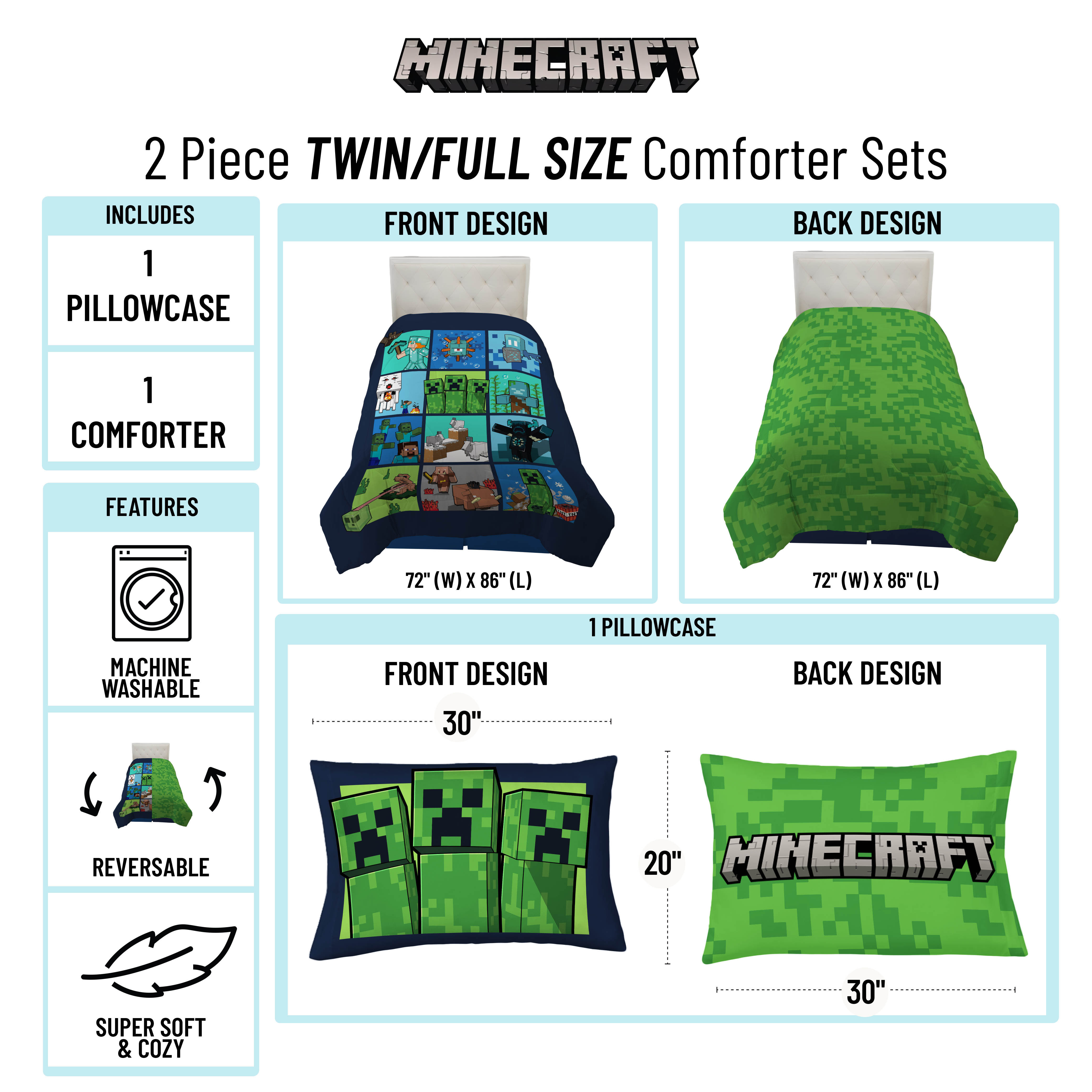 Minecraft Kids 2-Piece Twin/Full Reversible Comforter Set photo 3
