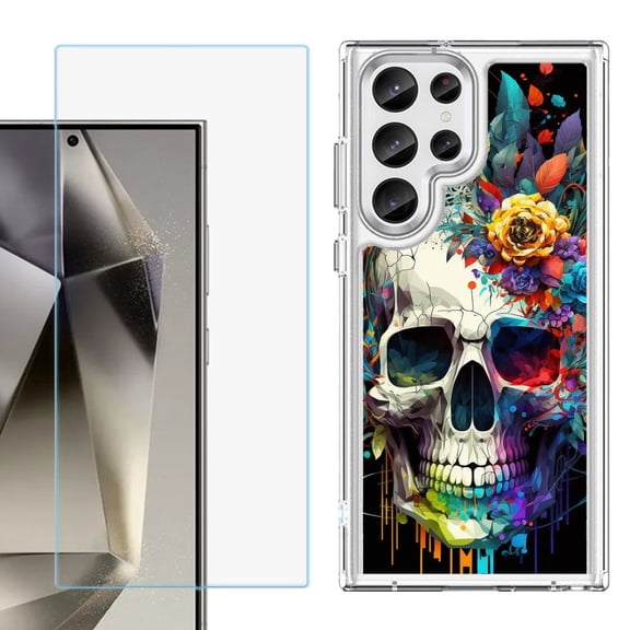 Phone Case for Samsung Galaxy S26 Ultra, with Screen Protector, by OneToughShield - Skull Flower