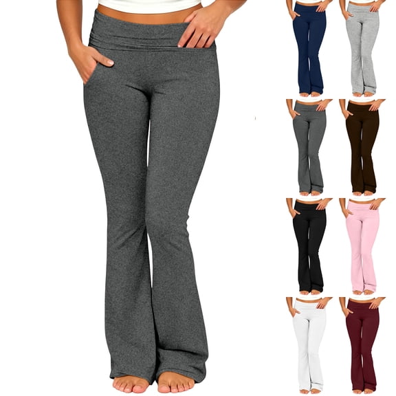 Yutgune High Waisted Flare Leggings Fold Over Waist Tummy Control Leggings Yoga Pants For Women Workout Gym Leggings With Side Pockets Womens Leggings