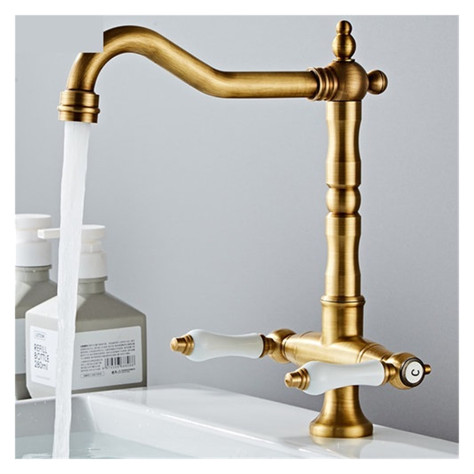 Faucet For Kitchen Dual Handle Antique Brass Retro Faucet, 360 Degree Rotation Kitchen Sink Taps, Deck Mounted Bathroom Sink Mixer