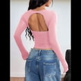 thumbnail image 4 of Camisas de Cuello Cuadrado para Mujer, Camisetas de Larga Ajustadas para Salir Rosa M, 4 of 7
