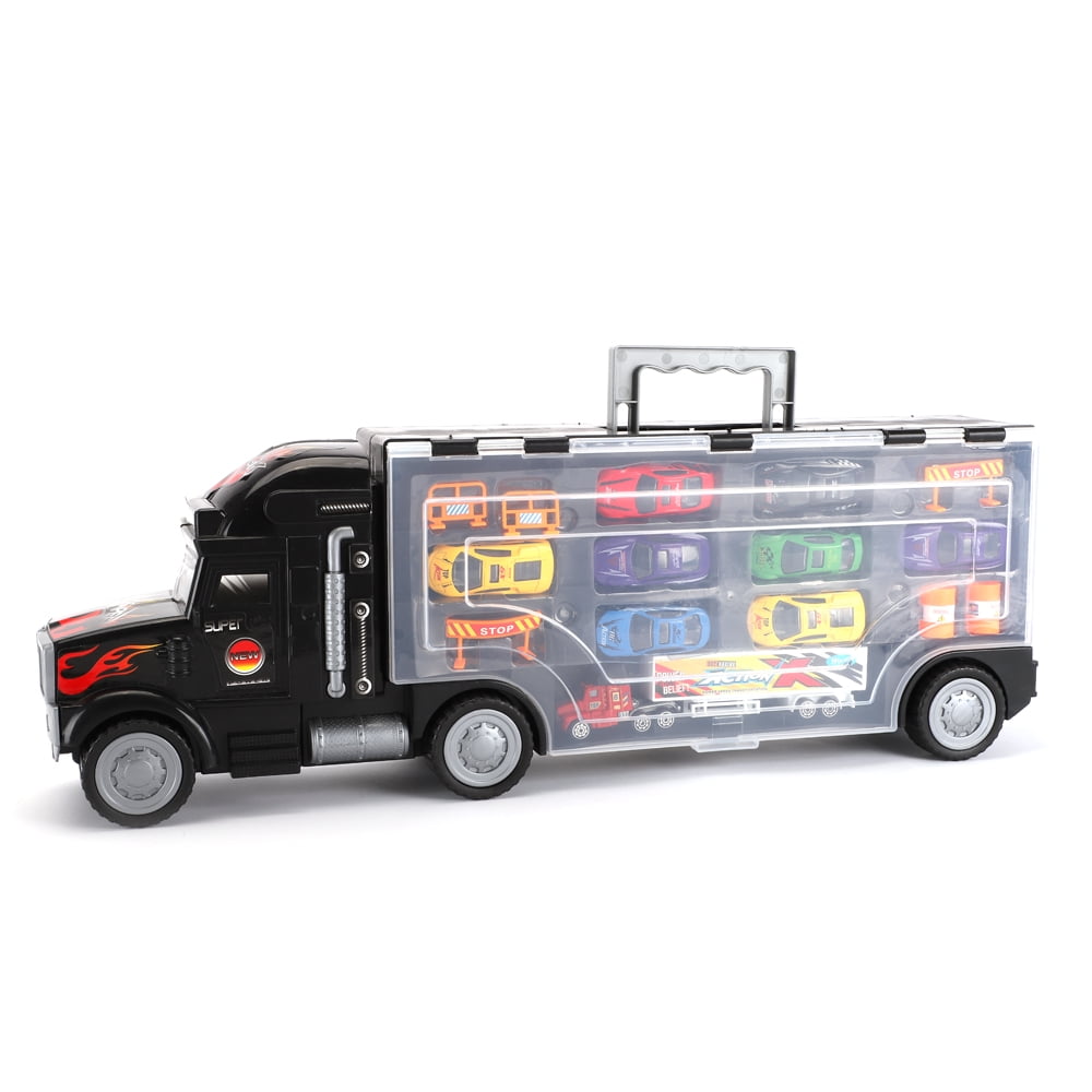 2Sided Transport Car Carrier Semi Truck Toy With 9 Cars and 6