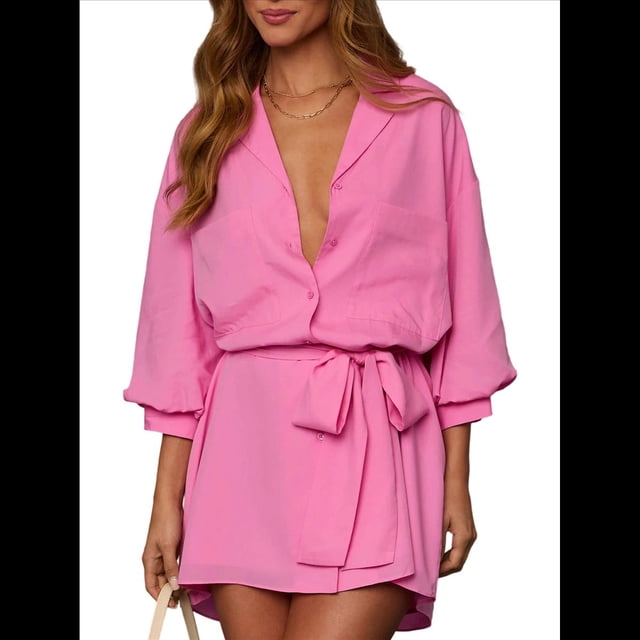 Vestido Camisero Mini con Cuello en V, Botones, Plisado, Mangas 3/4 y Cinturón para Mujer. Rosa Roja XXL
