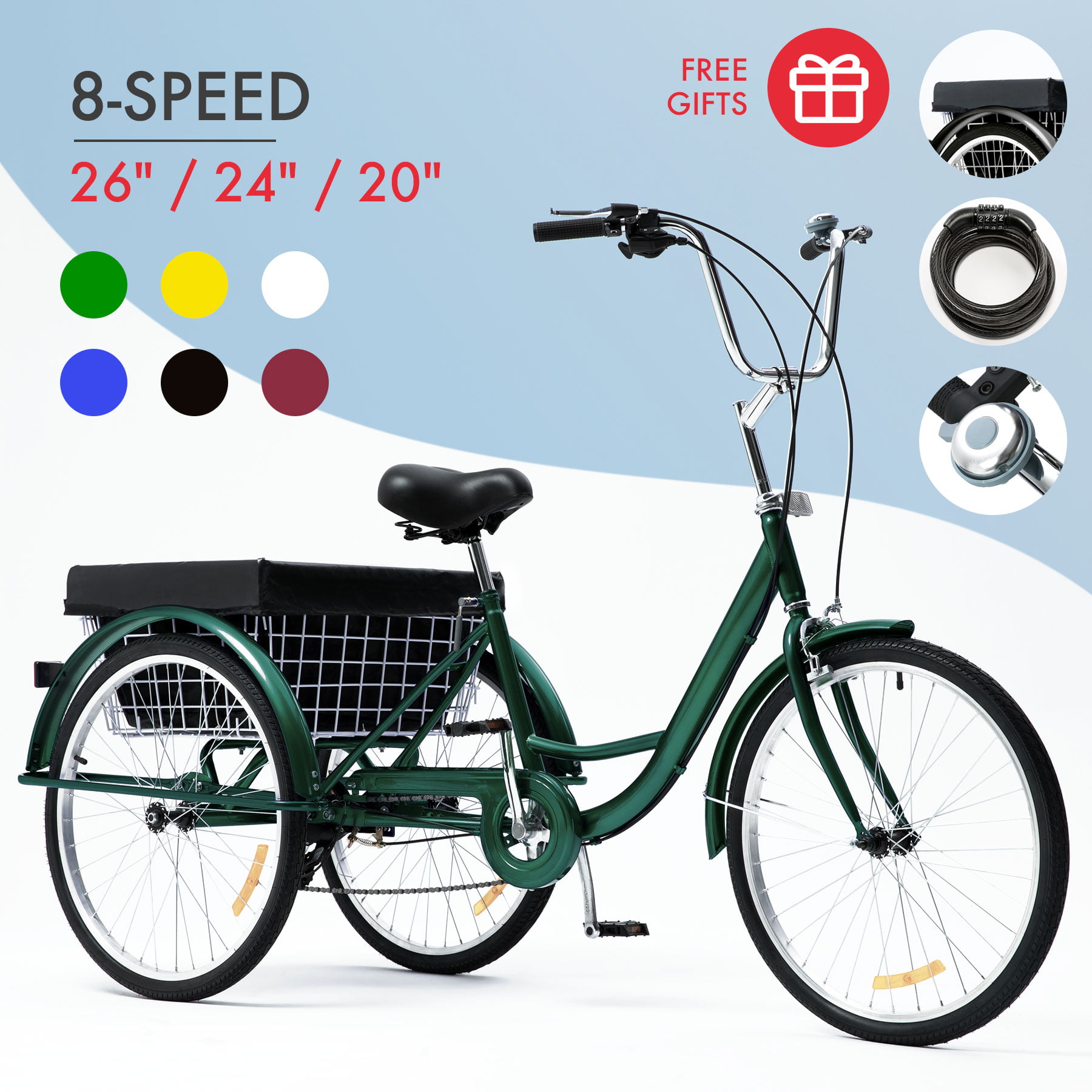 26"/24"/20" 1/8 Speed Adult Trike Tricycle 3-Wheel Bike w/Massive Basket& Liner 