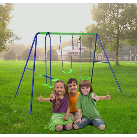 Outdoor Childrens Folding Swing Set with 2 Baby Swing & Seesaw, Best Birthday (Best Value Swing Set)