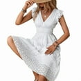 thumbnail image 3 of Women'S 2025Eyelet Lace Embroidery Smocked Waist Party Dress Flutter Sleeve A Line Midi Long Sun Dress White M, 3 of 8