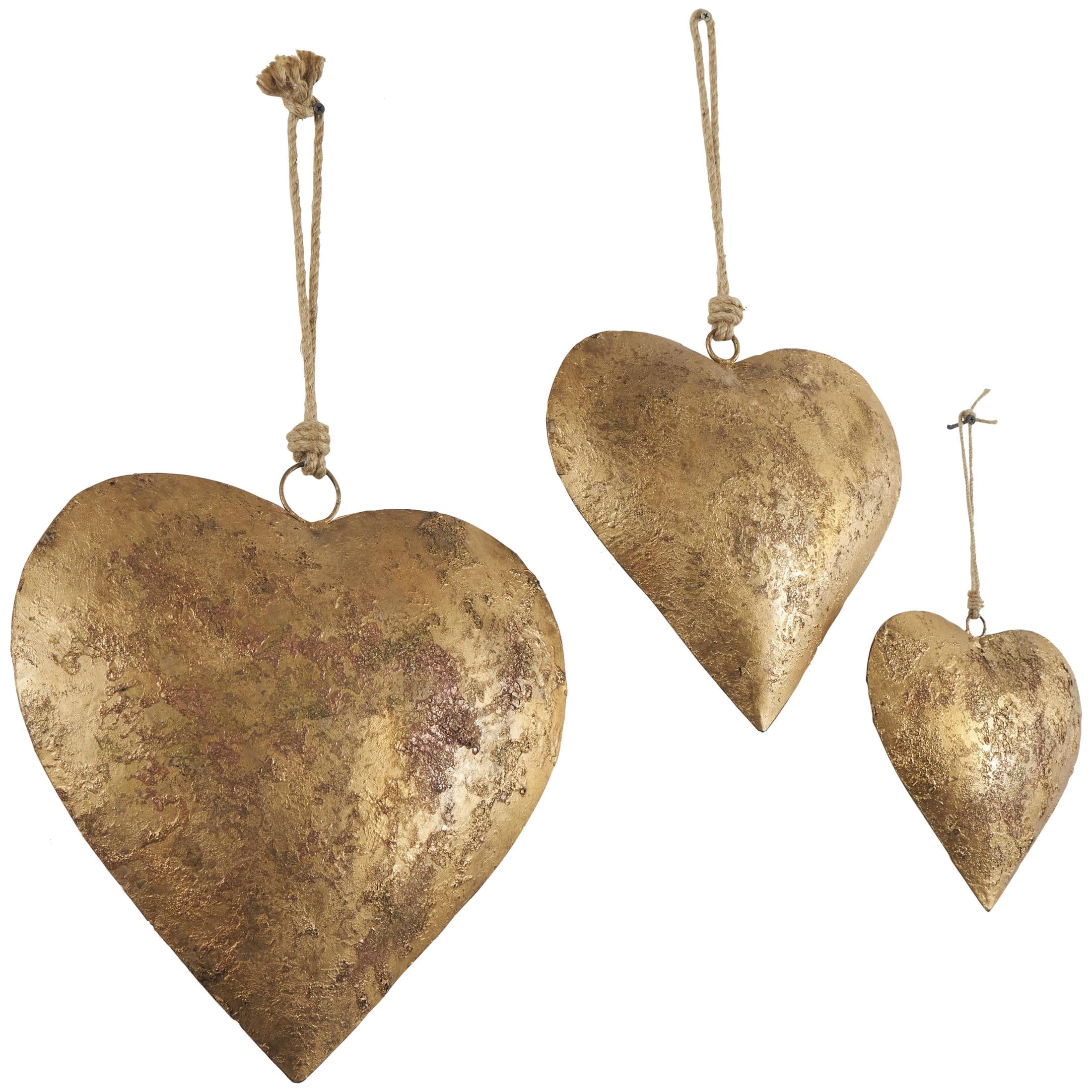 DecMode Tibetan Inspired Gold Metal Heart Decorative Bells with Jute Hanging Rope, 3 Count