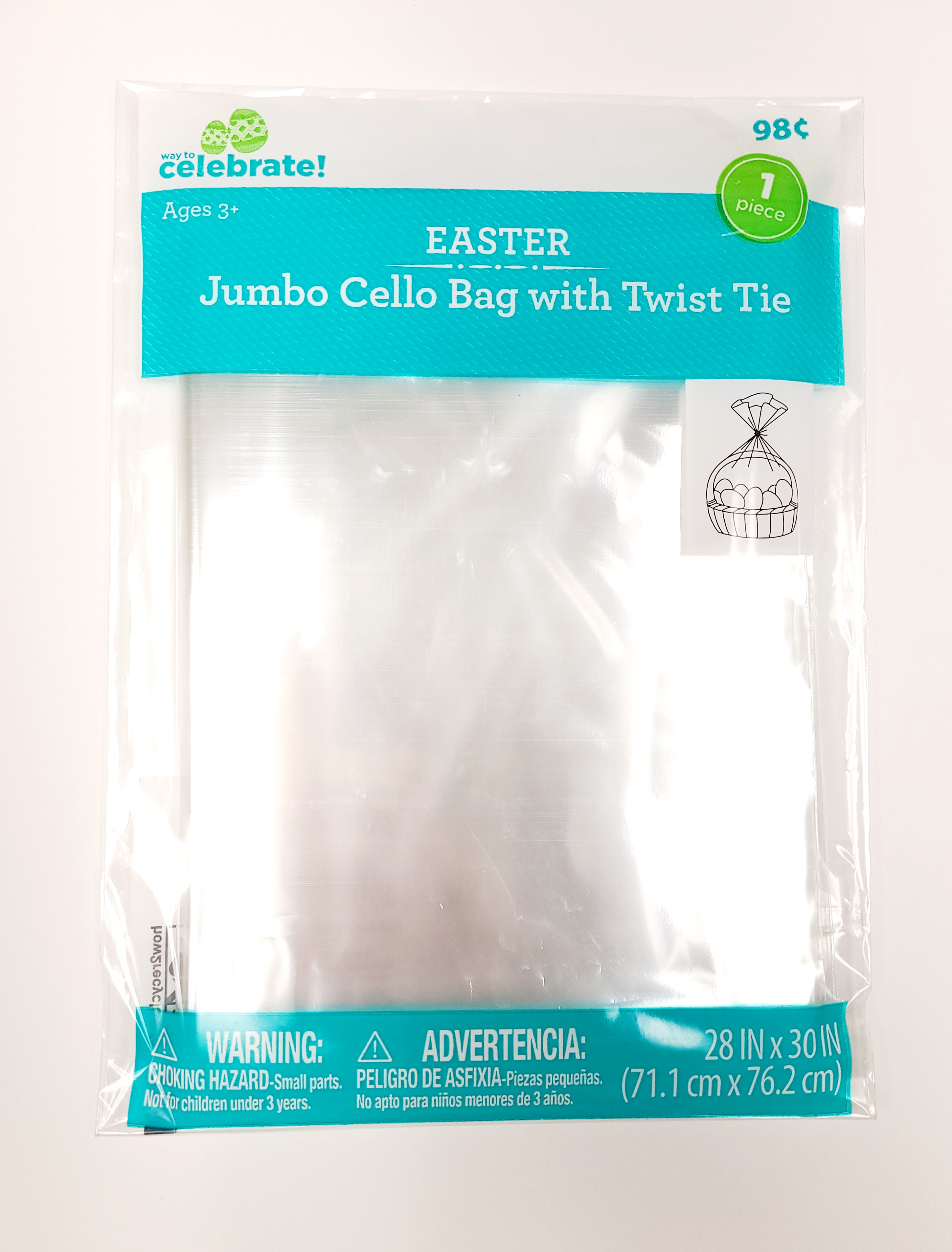 Way to Celebrate! Jumbo Easter Basket Cello Bag 28"x30" with Twist Tie