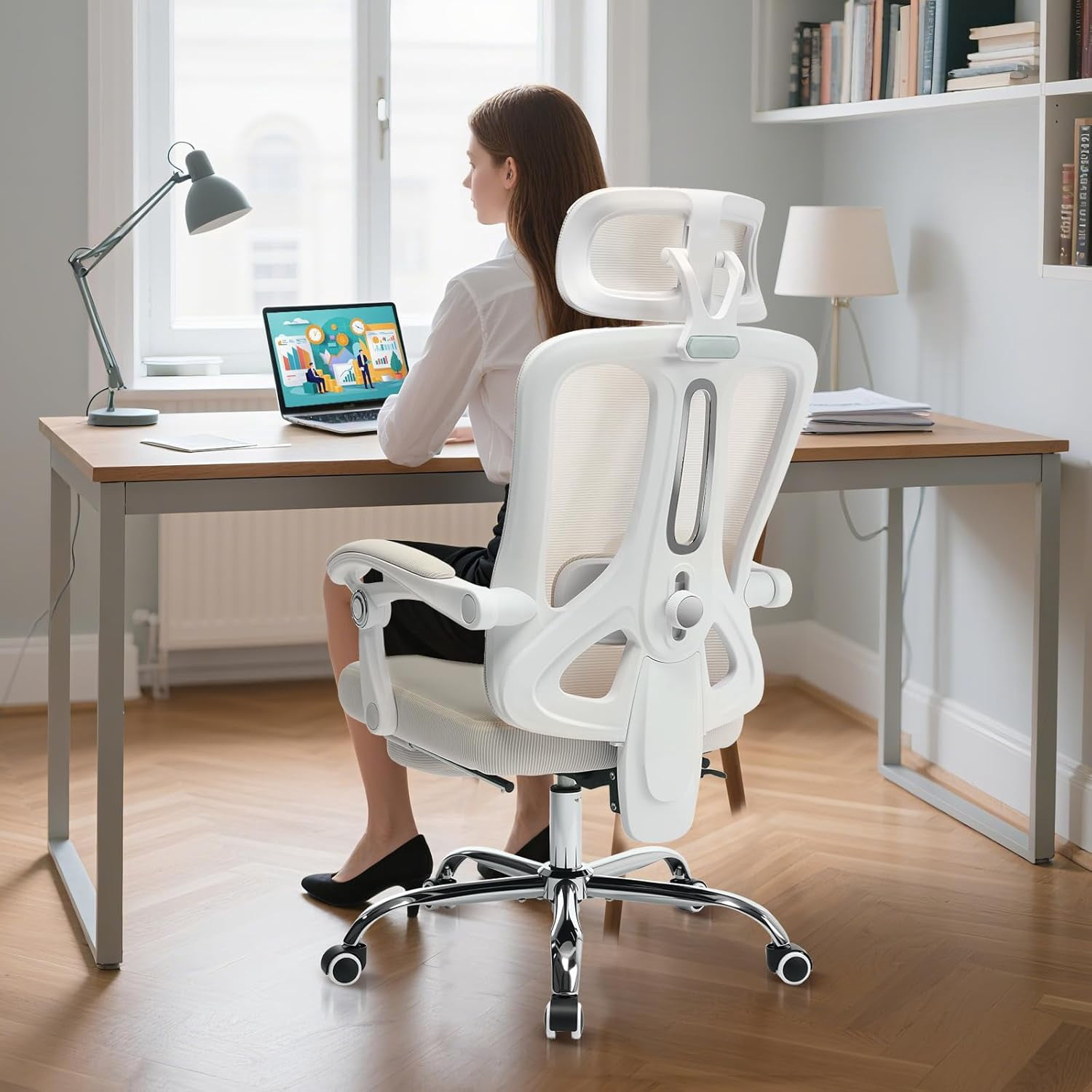 Ergonomic Office Chair with Footrest, High-Back Mesh Gaming Chair with Synchronized Reclining, 3D Adjustable Armrests & Lumbar Support, Swivel Computer Desk Chair for Home Office, Beige