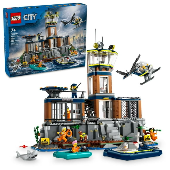 LEGO City Police Prison Island Toy Building Set, Birthday Gift for Boys and Girls Ages 7 Plus, Imaginative Play, Helicopter Toy, Boat Toy and Dinghy, 7 Minifigures with Dog and Shark To