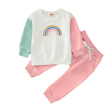 

Zlekejiko Toddler Girls Boys Winter Long Sleeve Rainbow Print Top Long Sleeve Tops Elastic Pants Cute Pants 2PCS Outfits Clothes Set