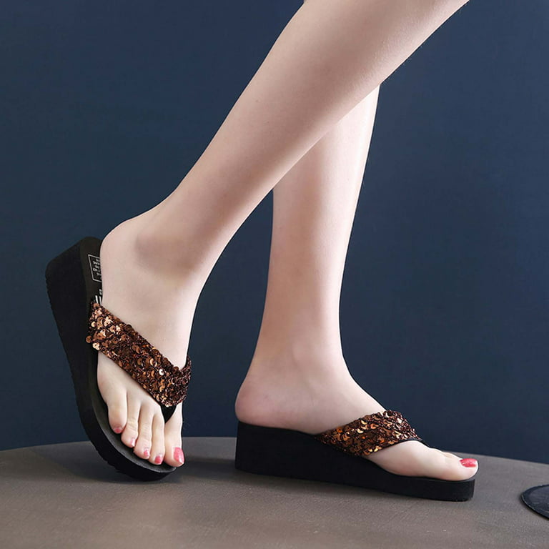 Dpityserensio Women's Summer Wedge Heel Flip Flops Sequin Slippers Beach  Non-slip Shoes Sandals for Women Coffee 8(39) 