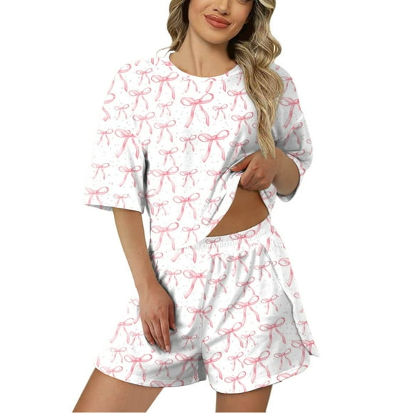 Huaizzzy Ladies Fashion Pajama Set Solid Color Loose Shorts Set Pajama Tee Juniors Pajamas for Teen Girls Pajamas Women Soft Top and Shorts Set Women Mom Pajamas Teenager Pajamas Long Sleeve Pajama