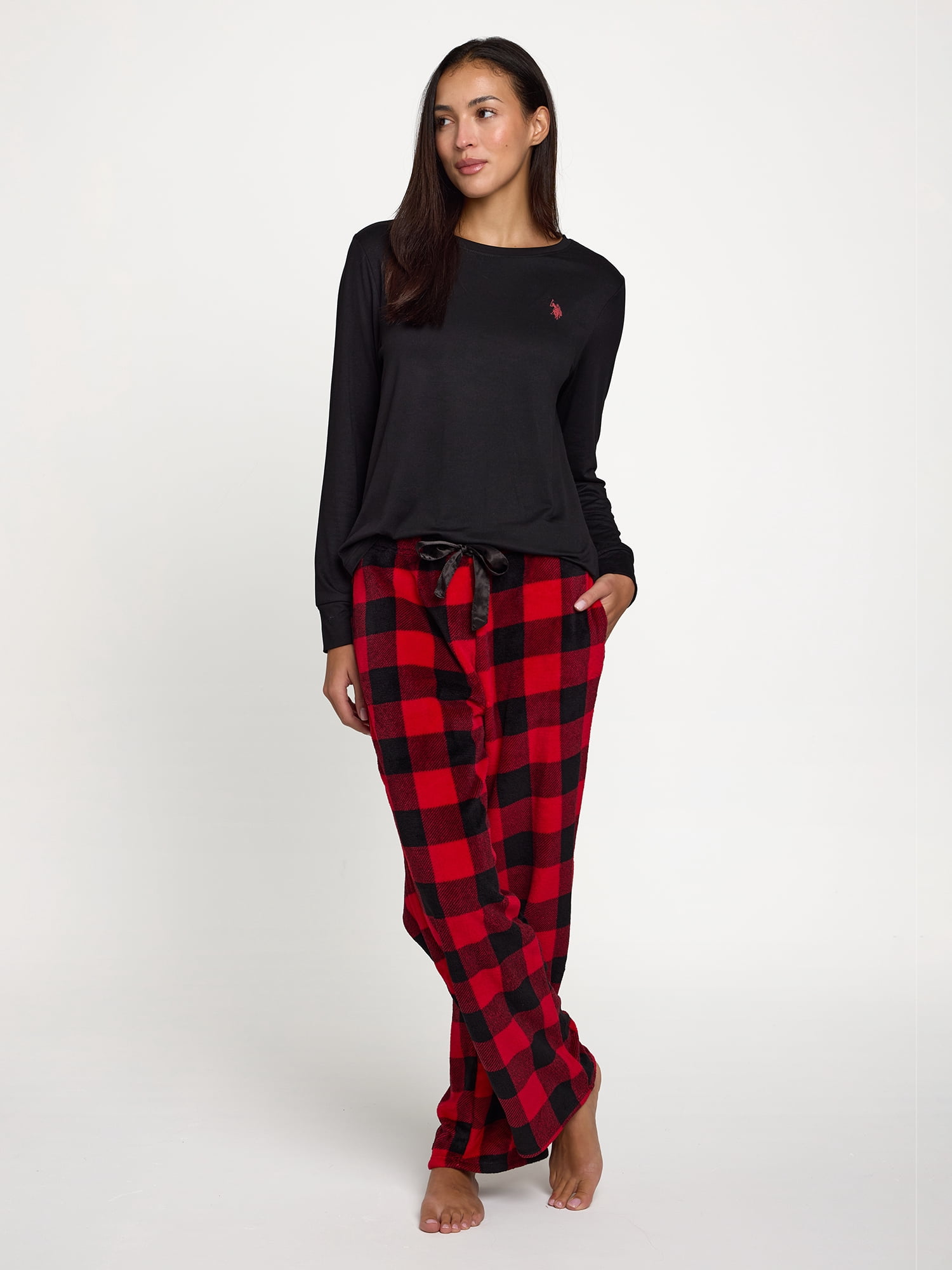 U.S. Polo Assn. Women's Holiday Giftable Long Sleeve Top and Plush Pant Pajama Sleep Set, 2-Piece, Sizes S-3X