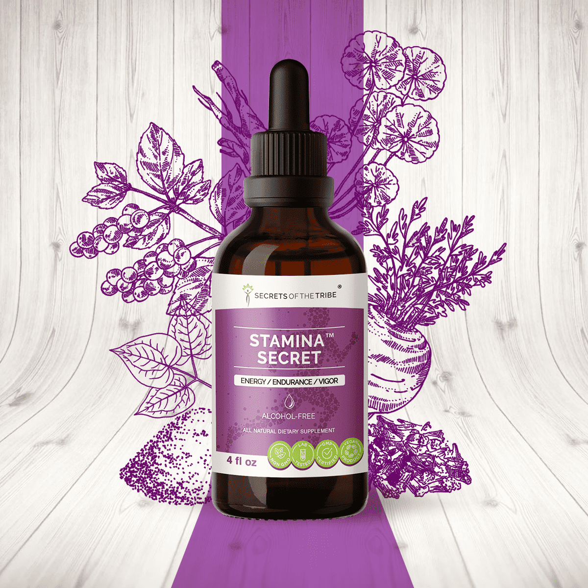 Secrets Of The Tribe Stamina Secret Blend Tincture Dietary Supplement, Natural Extract, Made from Maca, Schisandra, Eleuthero Siberian Ginseng, Gotu Kola, Barrenwort - Horny Goat Weed, Rhodiola 4 oz