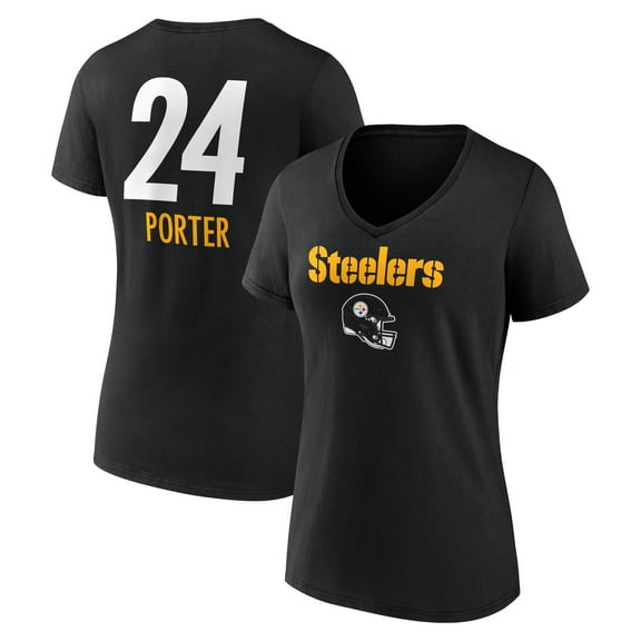 Women's Joey Porter Jr. Black Pittsburgh Steelers Team Wordmark Player Name & Number V-Neck T-Shirt