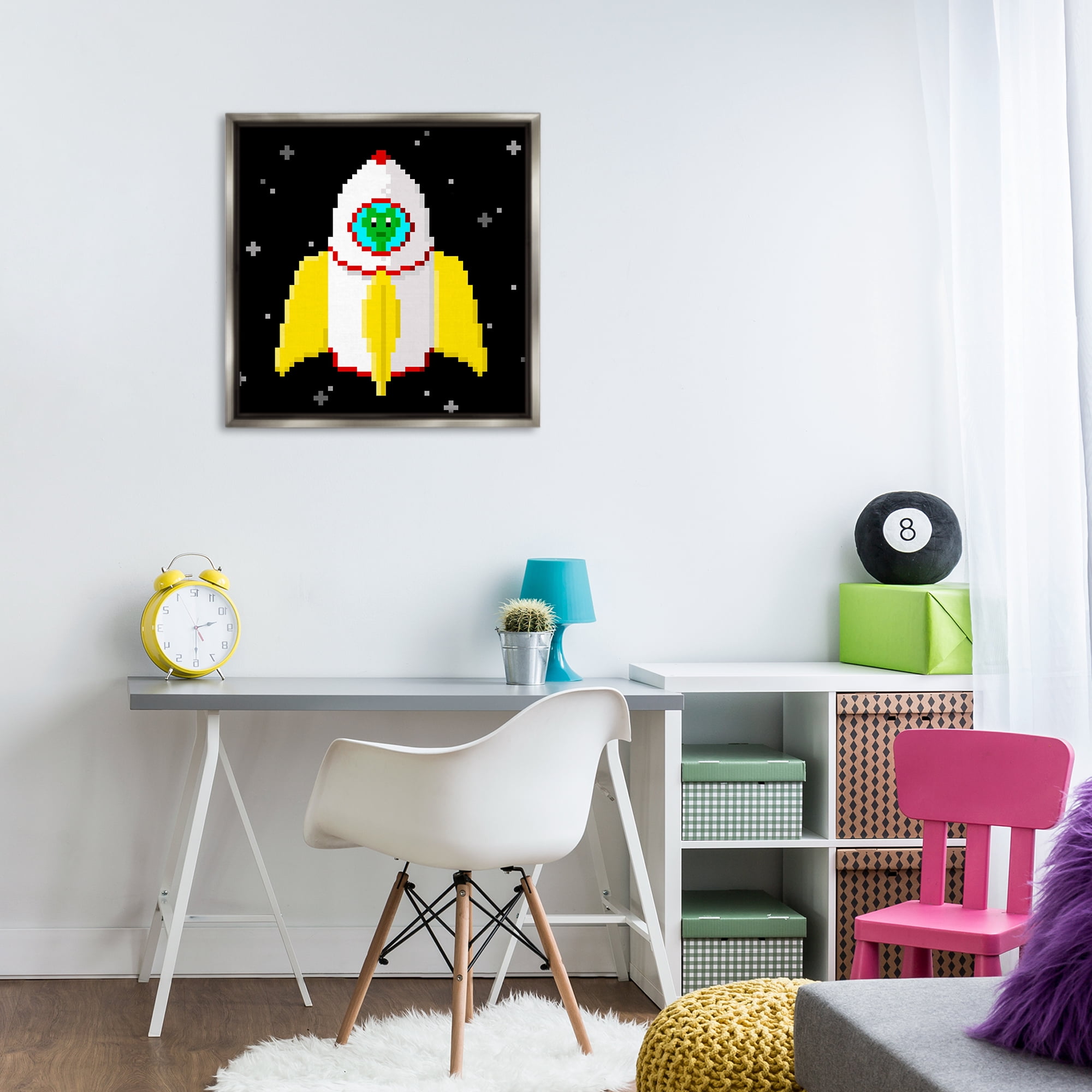 Stupell Industries Pixel Alien in Space Novelty & Humor Painting Gray Floater Framed Canvas Art Print Wall Art, 25 x 25