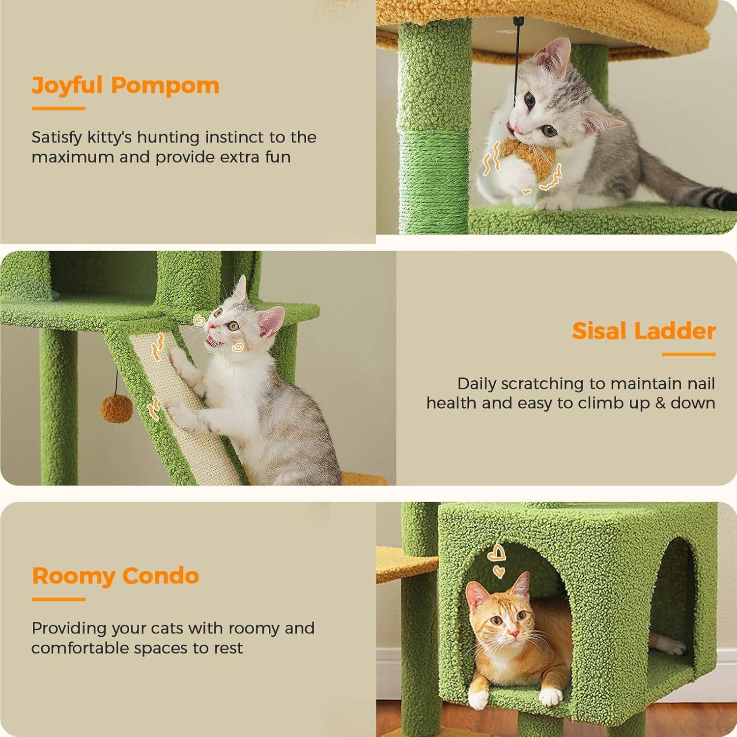 PEQULTI 71'' Large Cat Tree Tower Multi-level Cat Tree with Dual Spacious Condos Indoor Green