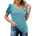 thumbnail image 1 of Blusa de manga abullonada con cuello en V, color puro, ribete de volantes, dobladillo curvo, blusa informal elástica para mujer, verano, azul claro L, 1 of 6