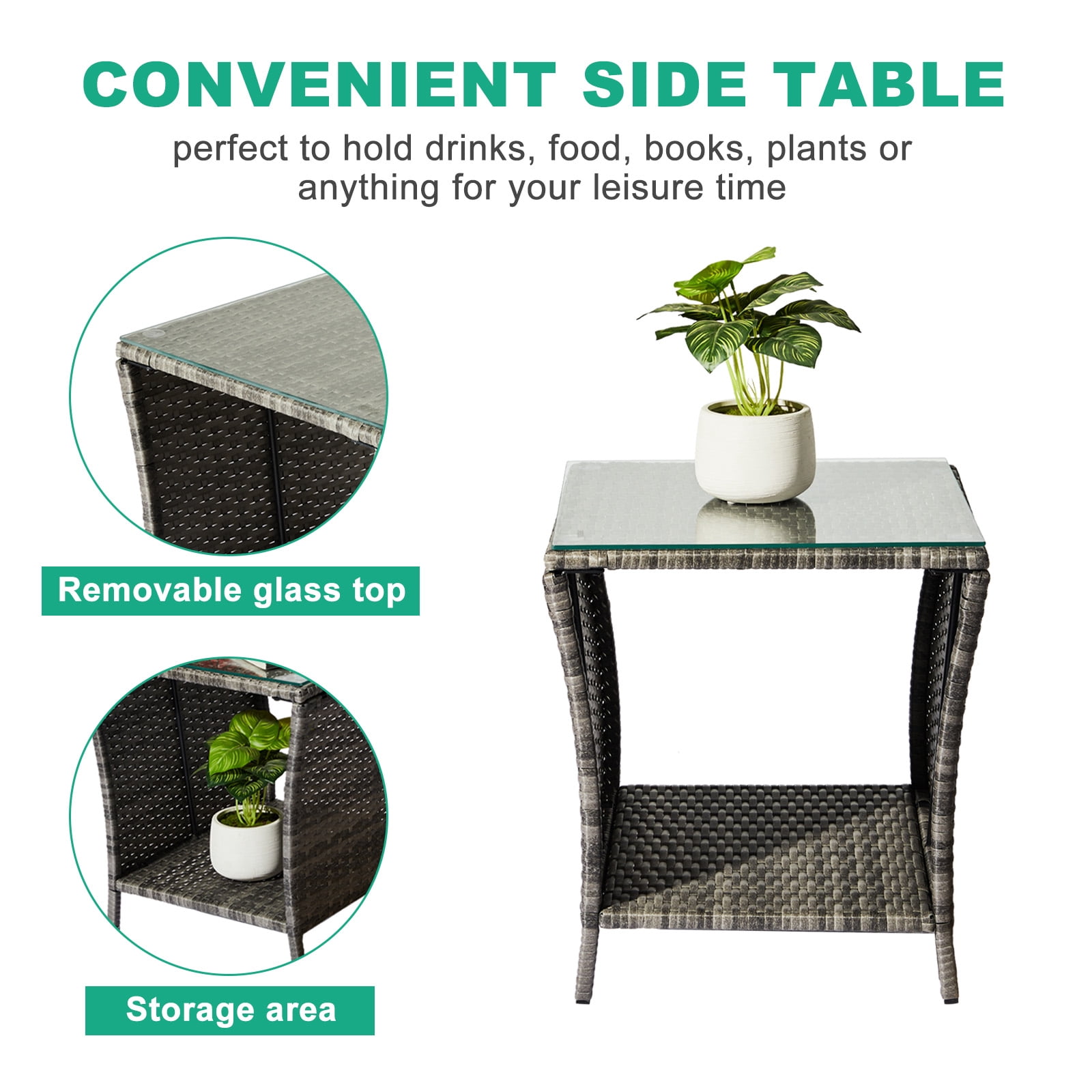 Gray Outdoor PE Rattan Tempered Glass Side Table Sturdy Iron Frame Patio End Table With Storage Shelf Weather Resistant Accent Table For Garden Backyard Balcony Porch Indoor Outdoor Furniture