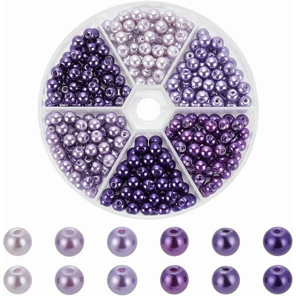 300Pcs 6 Colors Purple Pearl Glass Beads 6mm Purple Round Assorted Loose Glass Pearl Beads Pearl Craft Beads with Holes Luster Pearl Spacer Glass Beads for DIY Crafts Jewelry Making Bracelets