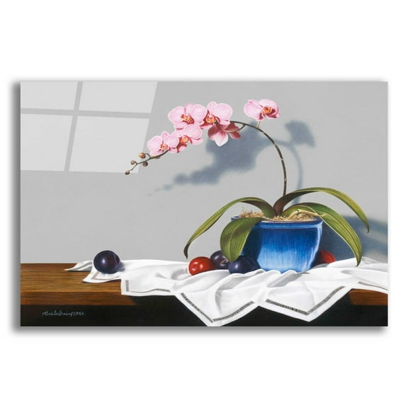 Epic Art 'Plums And Orchids' by Cecile Baird, Acrylic Glass Wall Art, 16"x12"