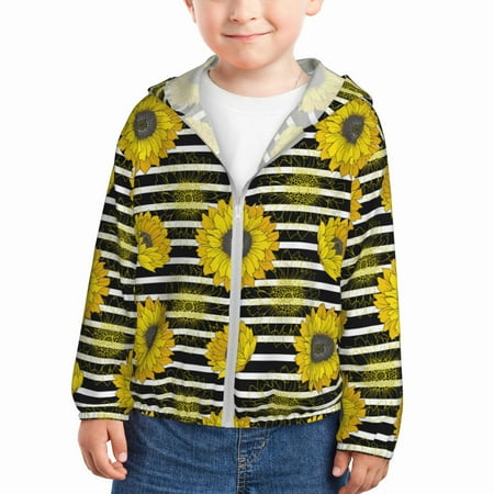 

Sun Hoodie for Kids Sunflowers Stripe Long Sleeve Swim Fishing Shirts Sun Protection Zip Up Jacket Clothing Athletic Hoodie