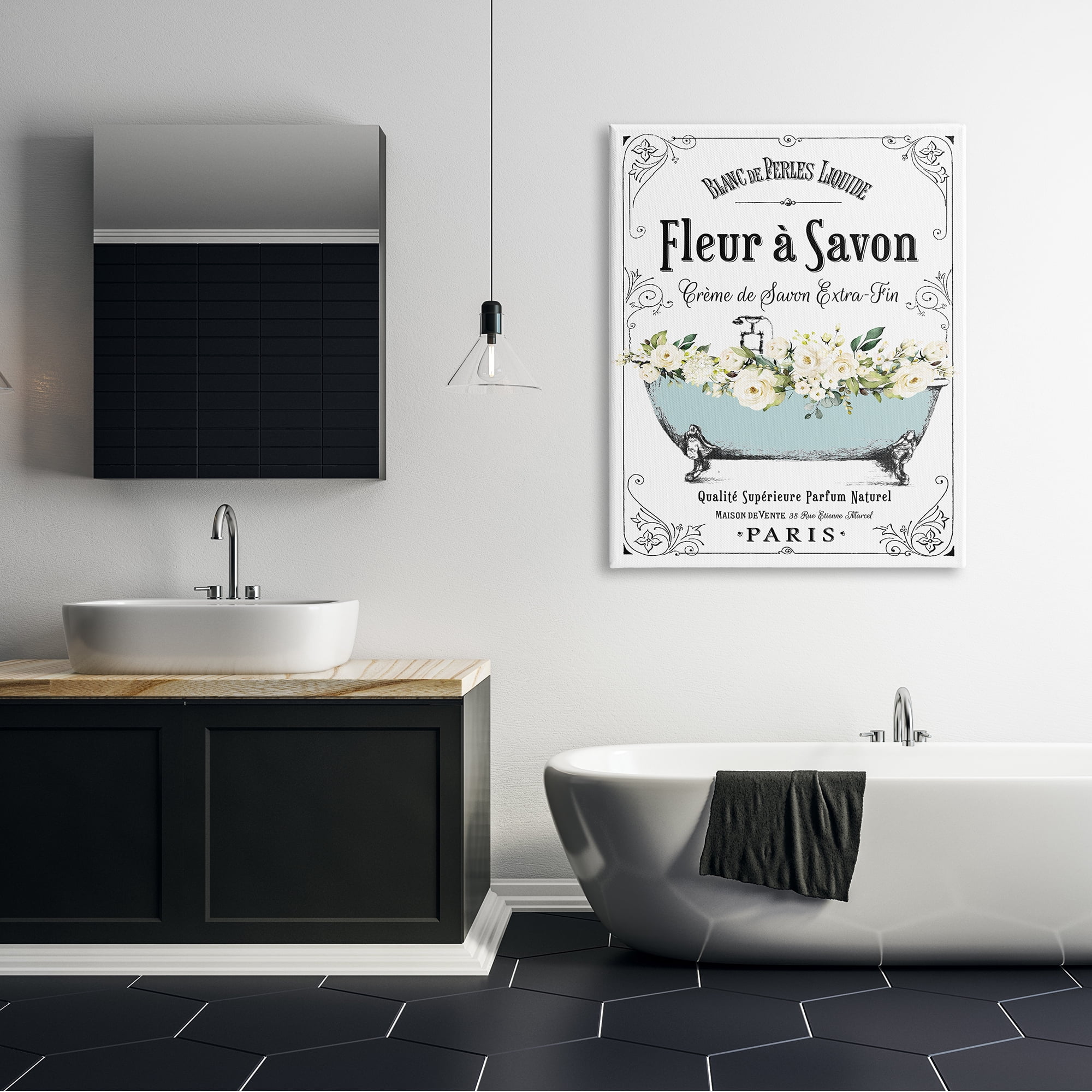 Stupell Industries Vintage Parisian Bathroom Advertisement Floral Blue Tub, 36 x 48,Design by Lettered and Lined