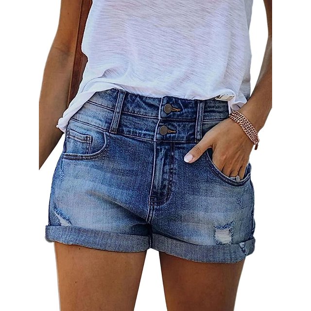 Pantalones cortos de mezclilla para mujer Pantalones cortos de mezclilla rasgados de encaje en contraste de cintura bajaAzul oscuroX-Large