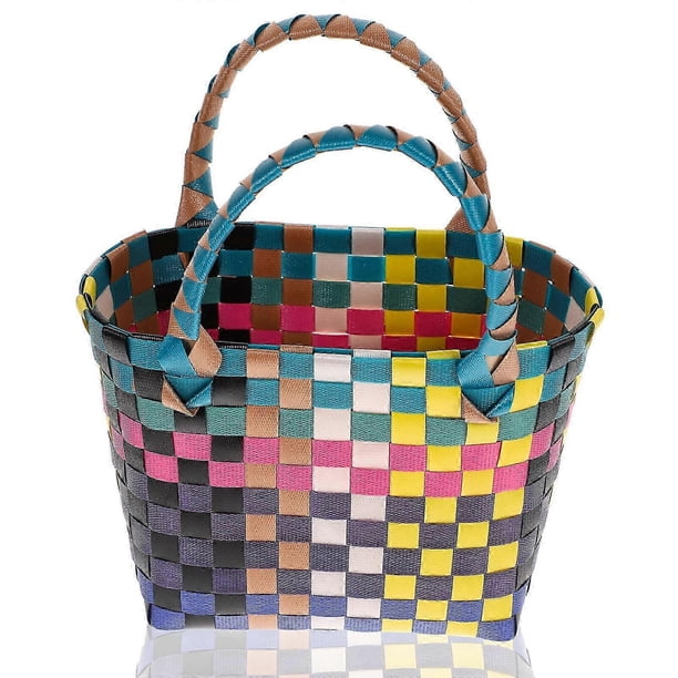 26-27 Woven Shopping Basket with Handle Grocery Tote Bag Woven Shopping Tote for Home Organizer