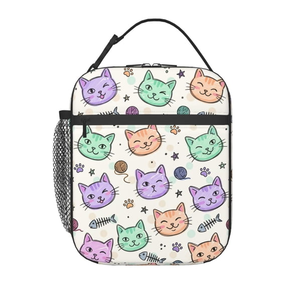 Cute Cat Lunch Bag Portable Handheld Reusable Insulated Cooler Tote Front Pocket Work Office Picnic Food Container Travel