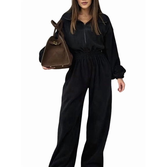 Women'S Casual Zip-Up Jumpsuit, Autumn Fashion Waist-Cinching One-Piece Suit, One-Piece Sportswear Black S