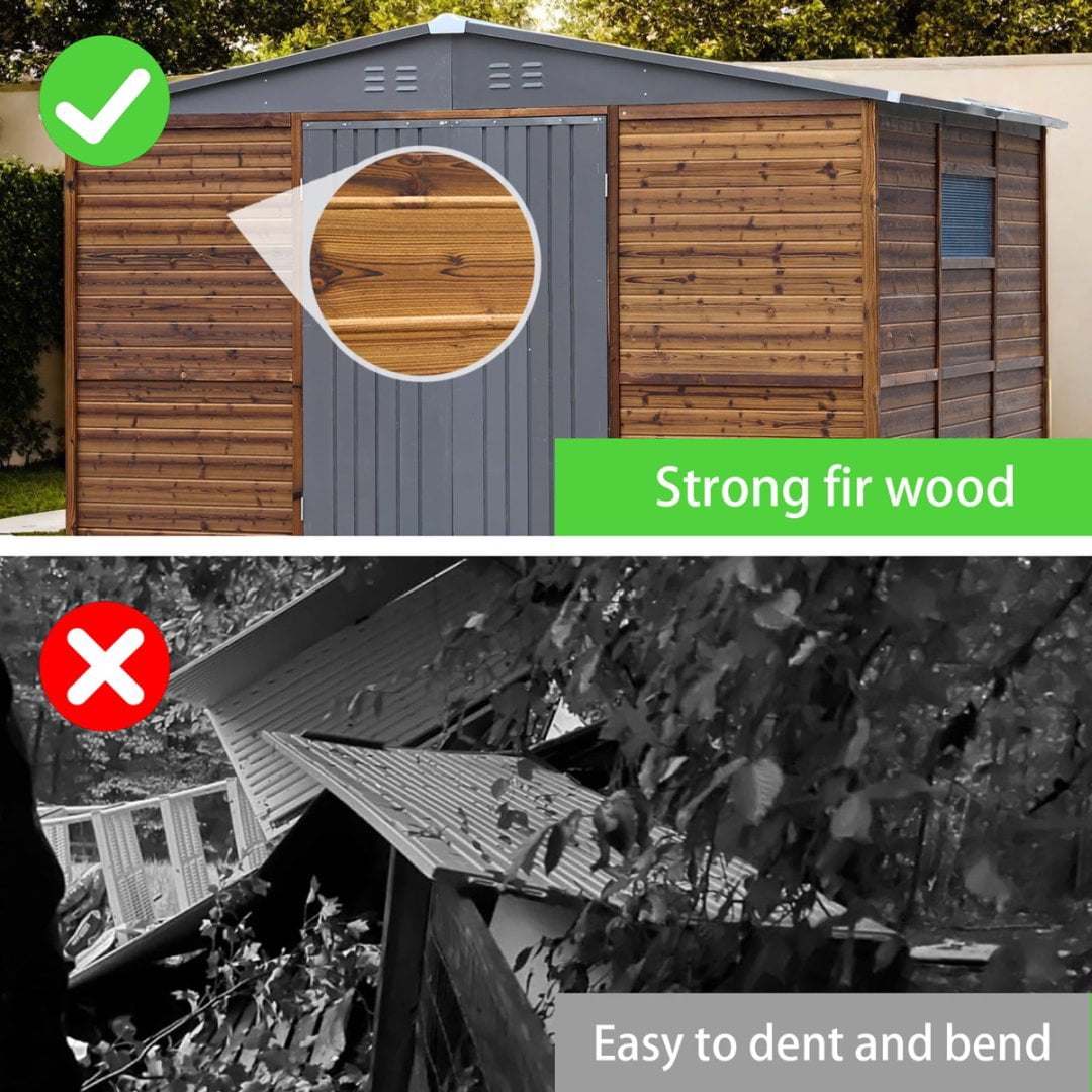 Fehomix 8x10 FT Outdoor Storage Shed, Metal and Wood Tool Shed with Wide Iron Doors & Windows, Weatherproof Garden Shed for Backyard, Lawn Mower & Large Equipment Storage