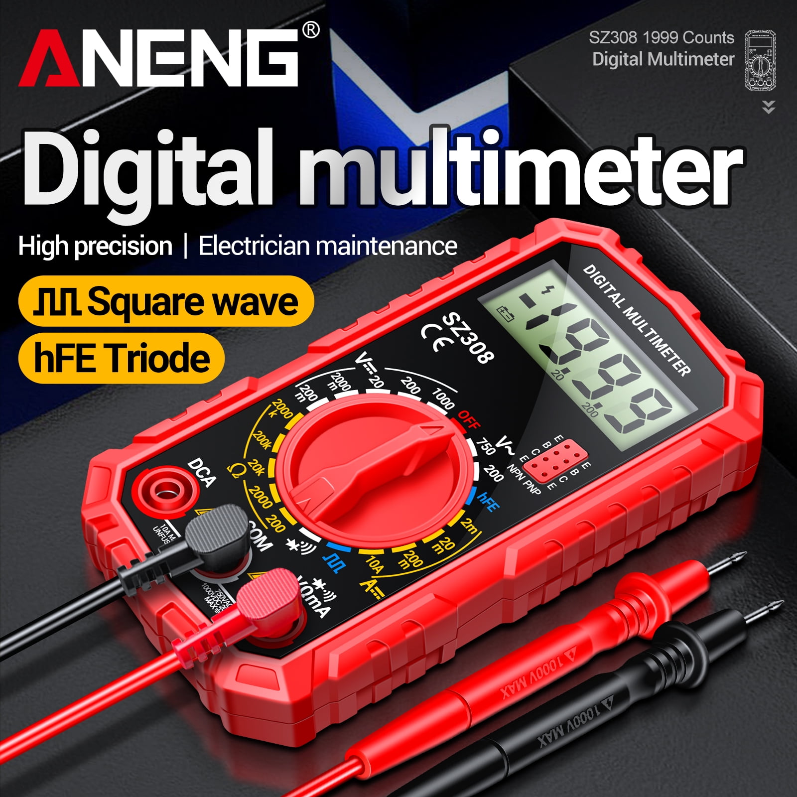 ANENG SZ308 Digital Multimeter,Dc AC Voltmeter Ensure VoltageCurrent,Rsistance,Electric Tools for Househould Outlet,Automotive Battery Test(Red)