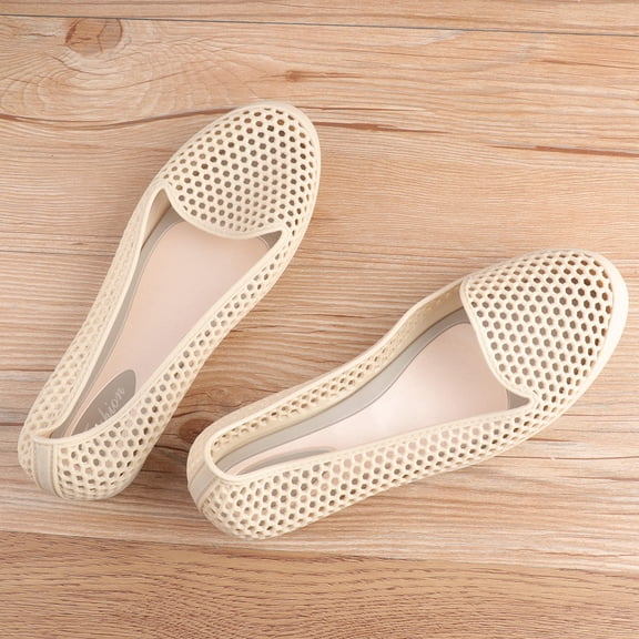 GOOHOCHY Beach Shoes Breathable Cool Durable Simple Hollow Plastic Shallow Flat Leisure Shoes for Outdoor (Apricot, 37 Yard)