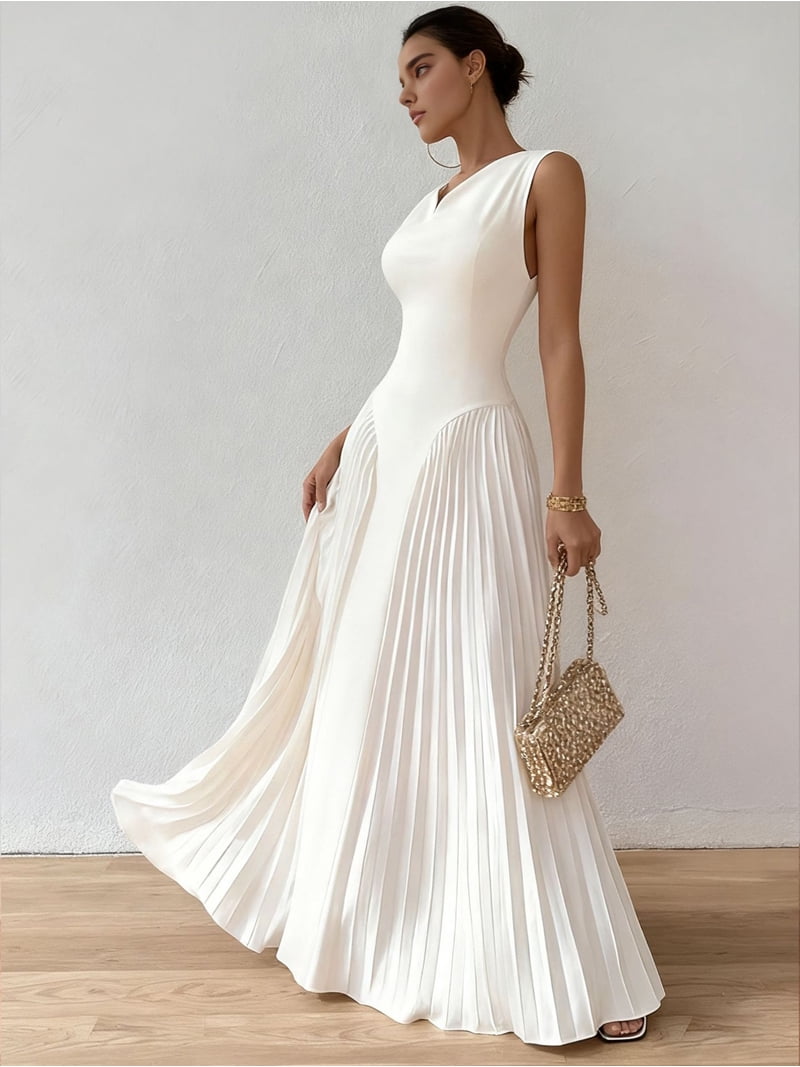 mock neck flowy dress Lace Wavy Mock Neck Sleeveless Mesh Dress in White for Bridal Events & Date Night White S