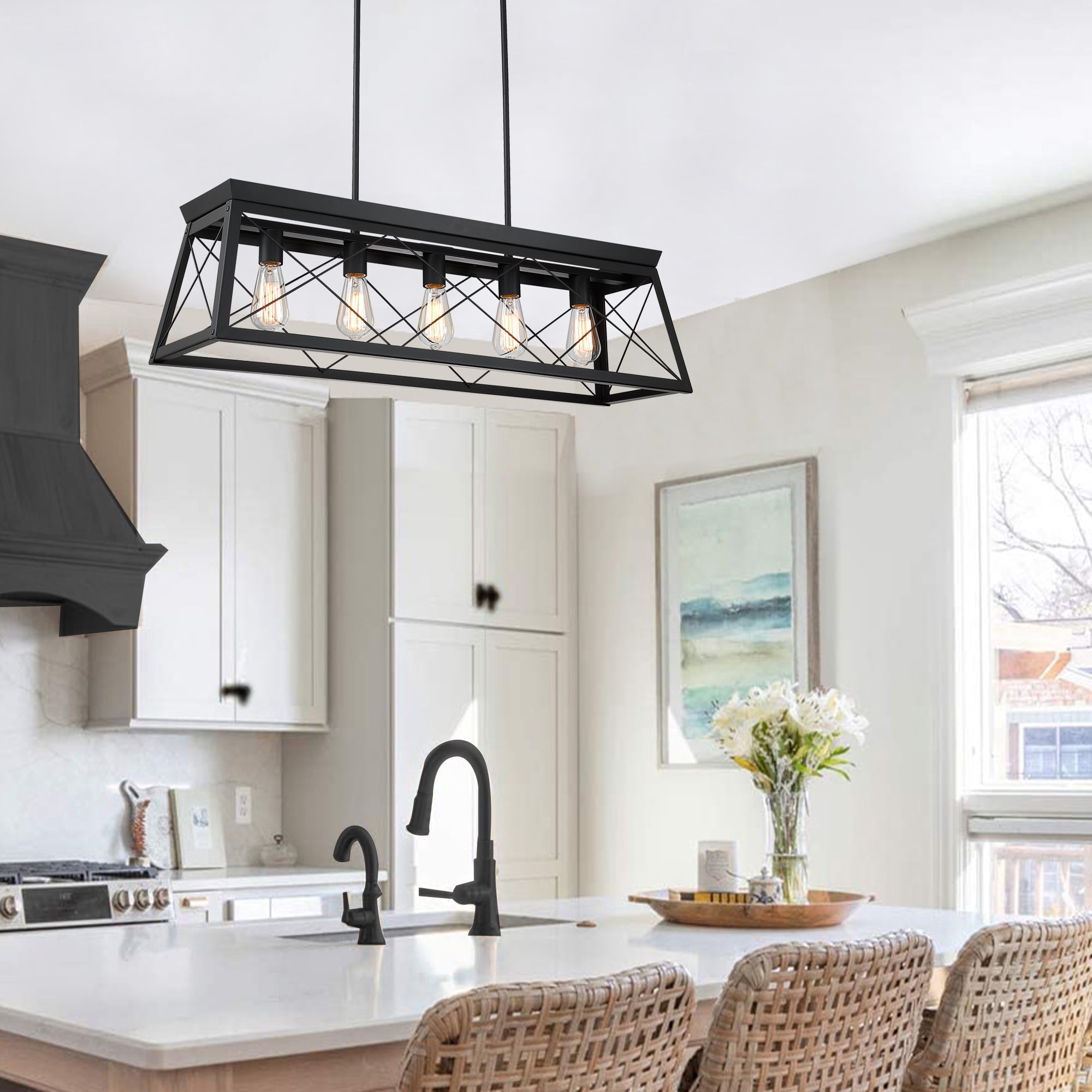 5-Light Farmhouse Matte Black Chandelier Industrial Pendant Lighting for Kitchen Island for Dining Room, Living Room